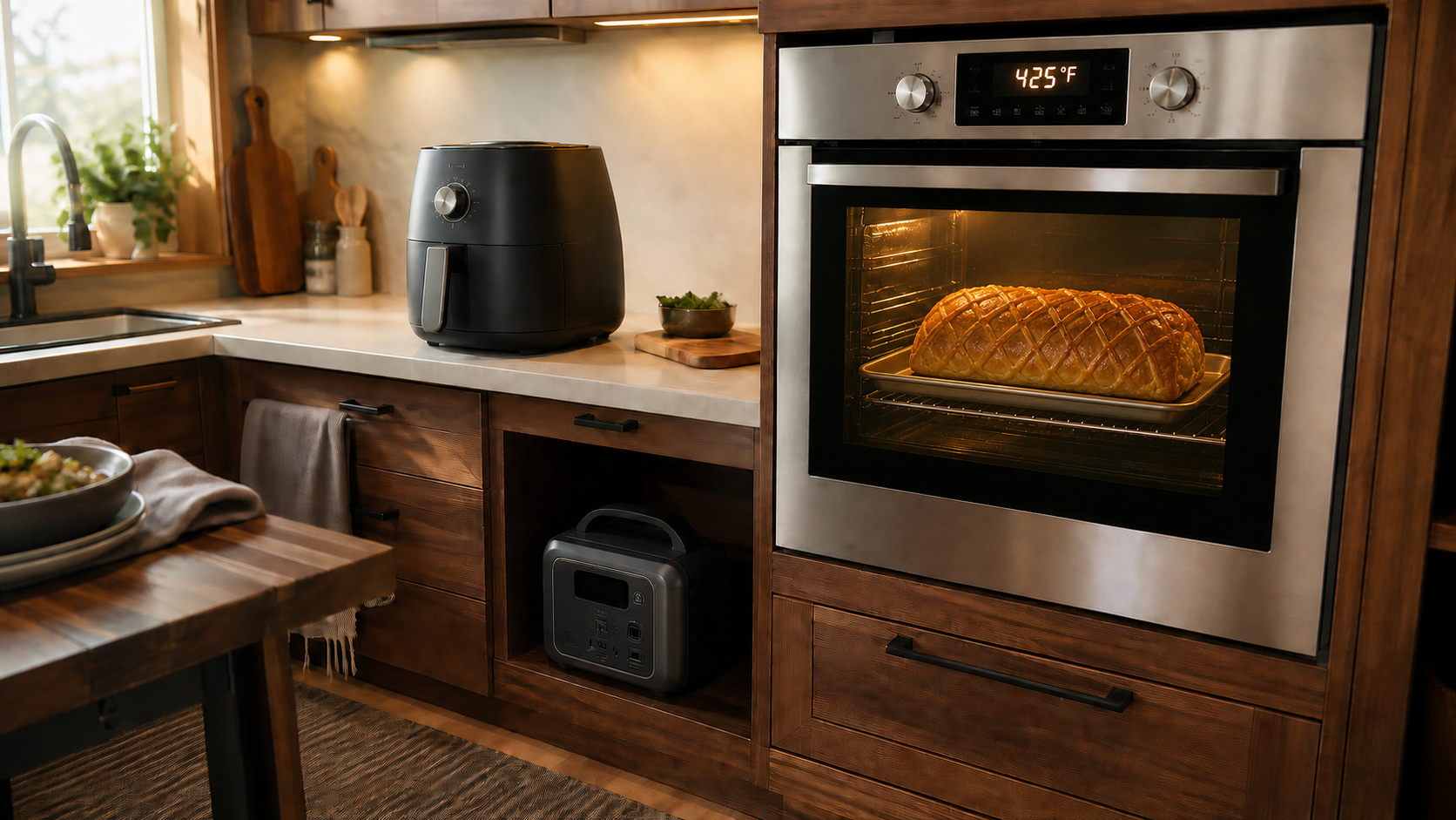 A compact air fryer beside a lit stainless steel oven baking a large lattice-topped Beef Wellington on a rimmed metal sheet pan at 425 degrees, with a portable power station below.