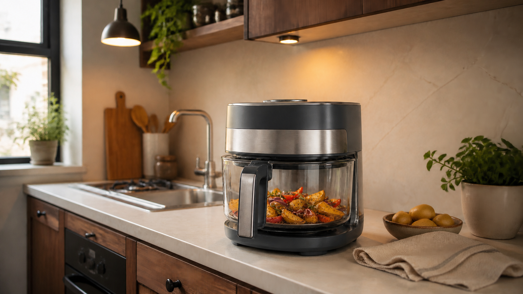 Golden potato wedges, sweet onion, red bell pepper, and fresh thyme cooking in a glass-bowl air fryer in a warm walnut kitchen.