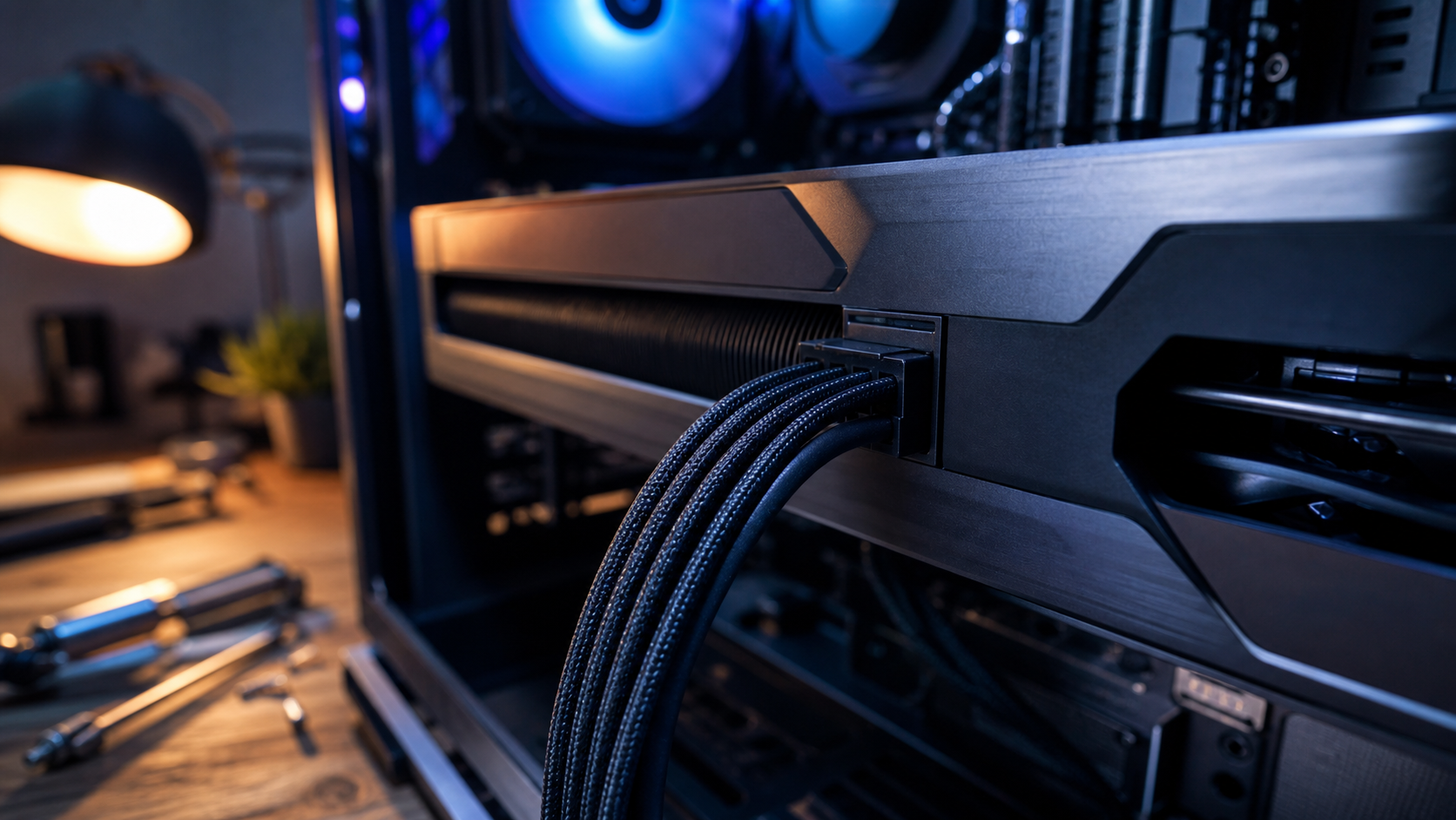 A fully seated 16-pin GPU power connector with a straight cable run before the first bend.