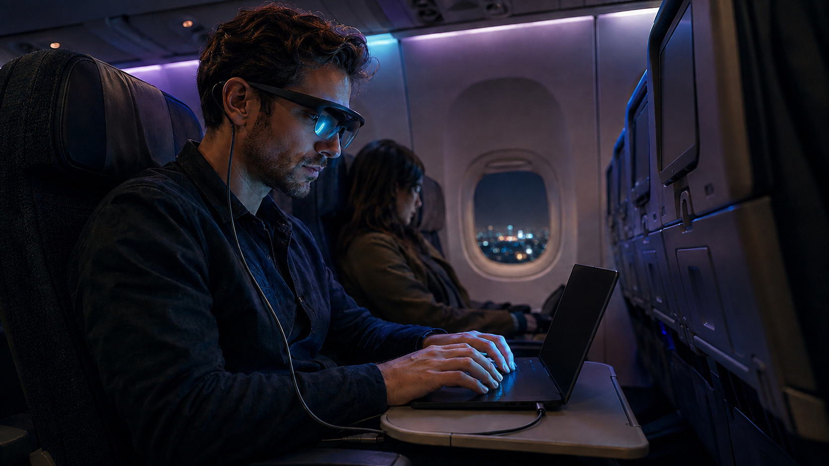 A traveler in an economy airplane seat wearing AR glasses connected to a laptop on the tray table, with the laptop screen dimmed.