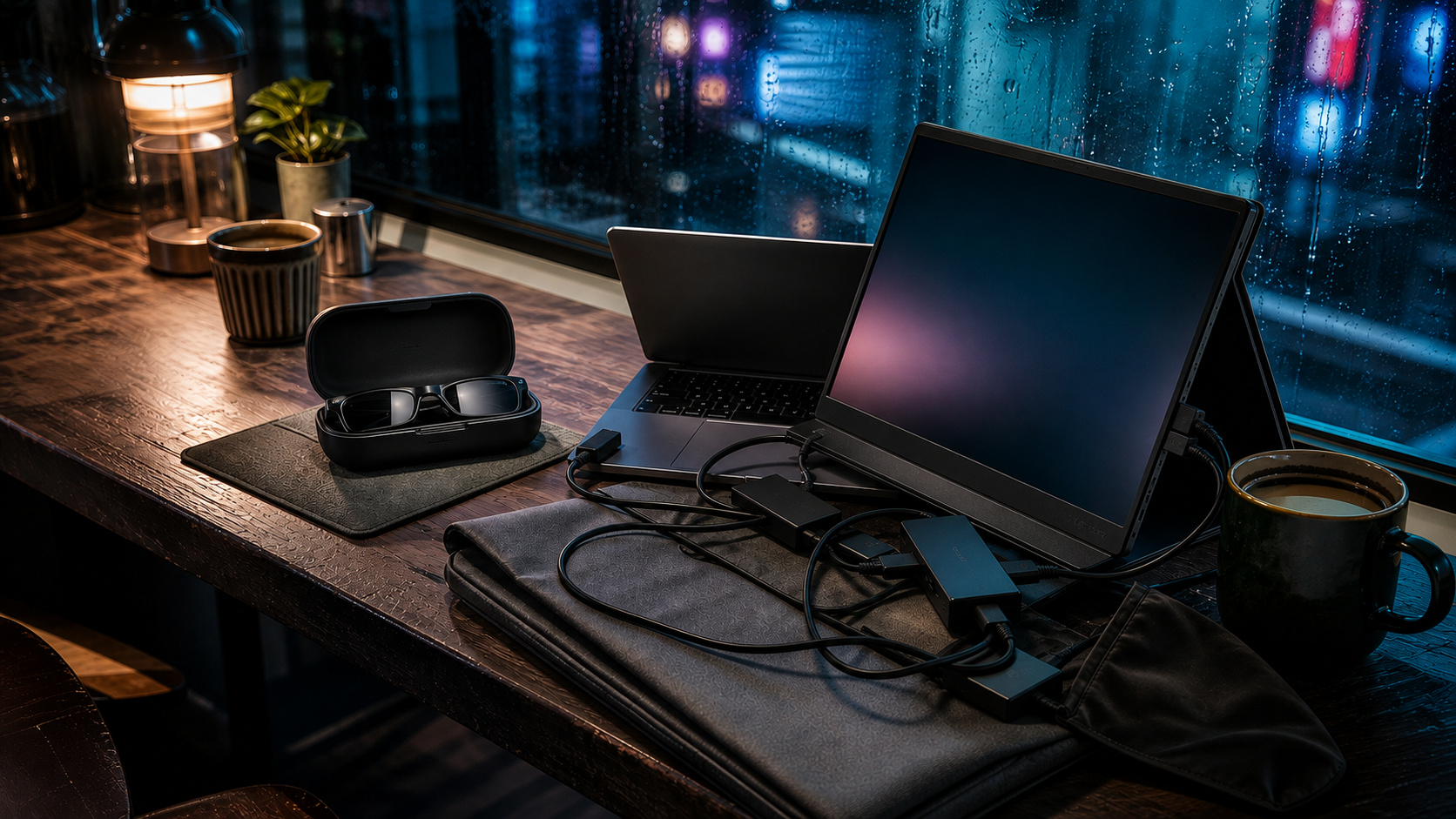A folded pair of AR glasses beside a 15.6-inch portable monitor, laptop, stand, and cables on a small travel desk.