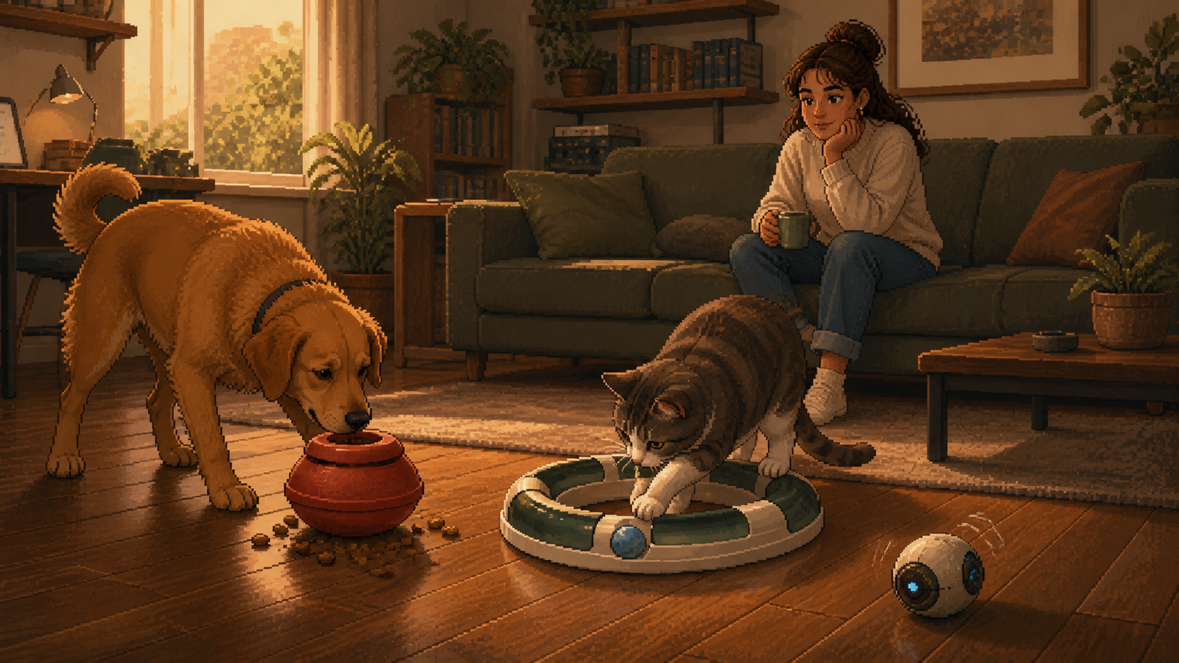 A treat-dispensing wobble toy and a self-rolling ball on a hardwood living room floor with a dog nearby.