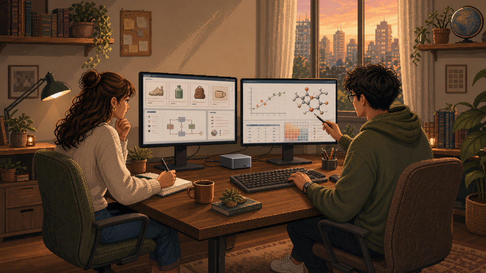 Two young adults use a compact local AI workstation for product research, content automation, scientific analysis, and data visualization in a warm shared study.