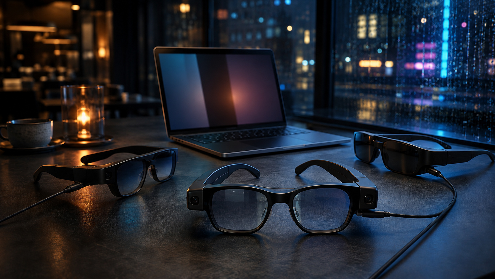 Three pairs of AR display glasses arranged around a laptop on a rain-lit cyberpunk cafe table.