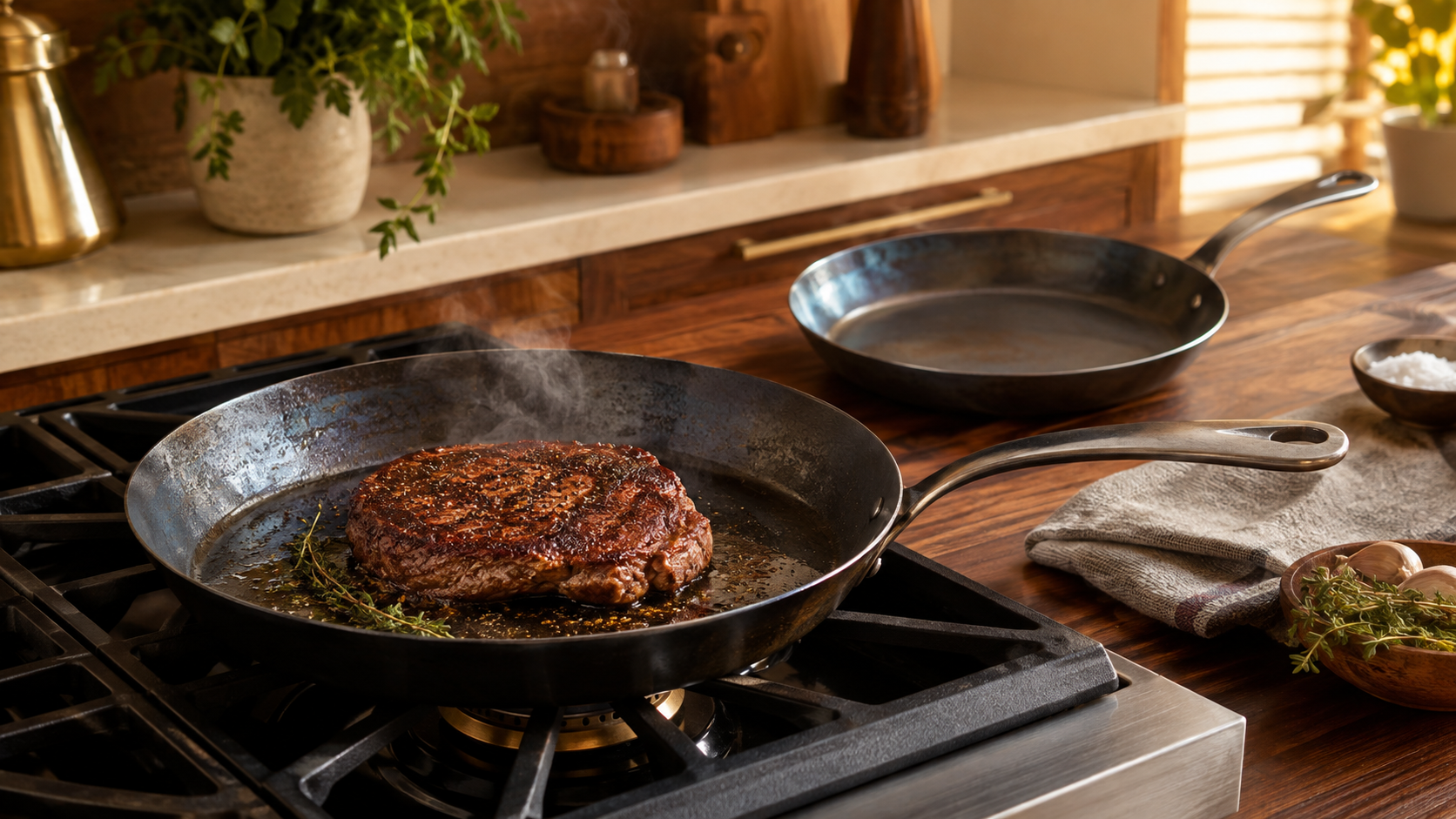 A seasoned carbon steel skillet searing a steak on a home range, with a second pan resting on a warm wood counter.