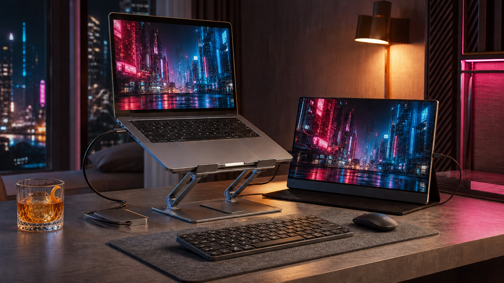 An adjustable laptop stand holding a laptop beside a portable monitor on a cyberpunk-styled travel desk with warm studio lighting.