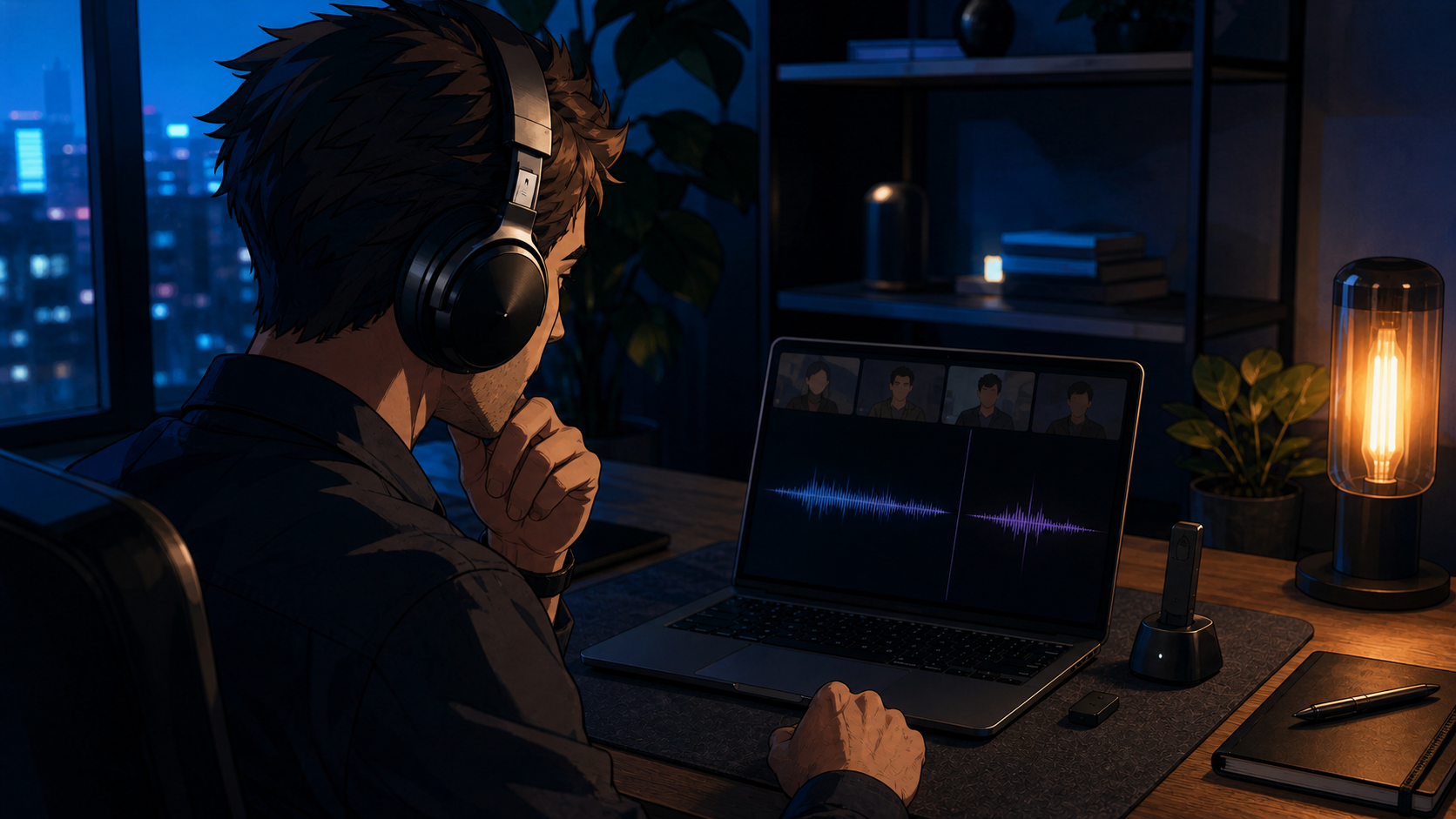 A wireless headset beside a laptop showing separate microphone and speaker settings for a video call.