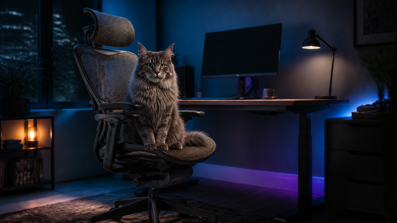 An adjustable office chair positioned at a seated standing desk in a compact home office.