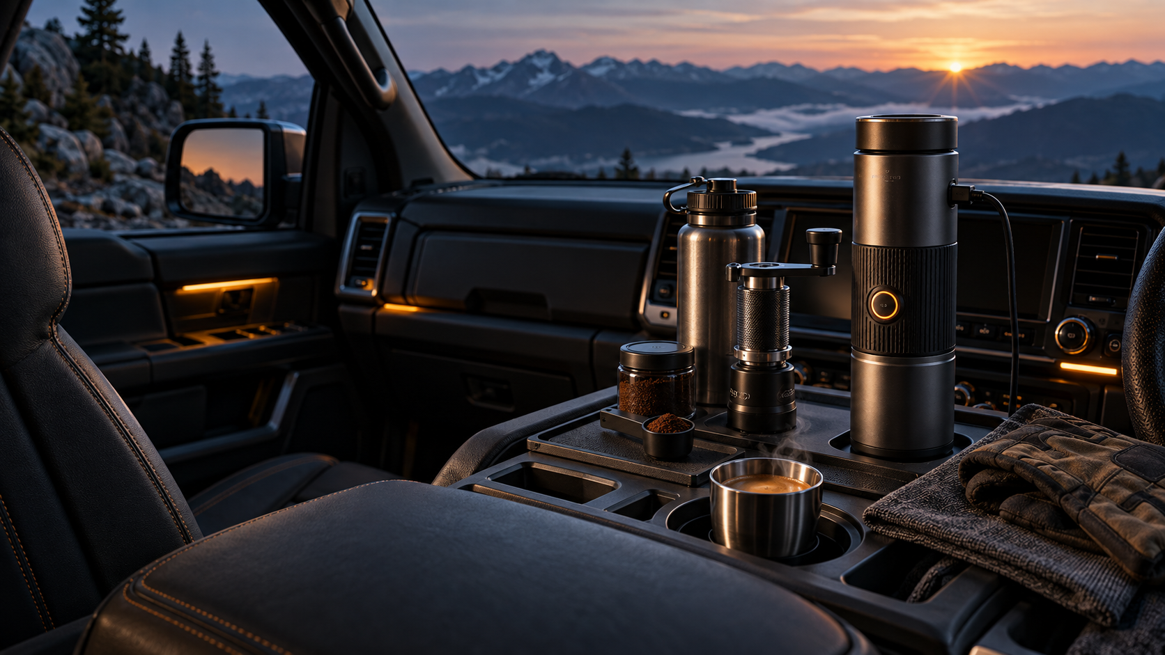 A manual espresso maker, self-heating brewer, insulated bottle, and steaming cup arranged securely inside a parked vehicle at sunrise.
