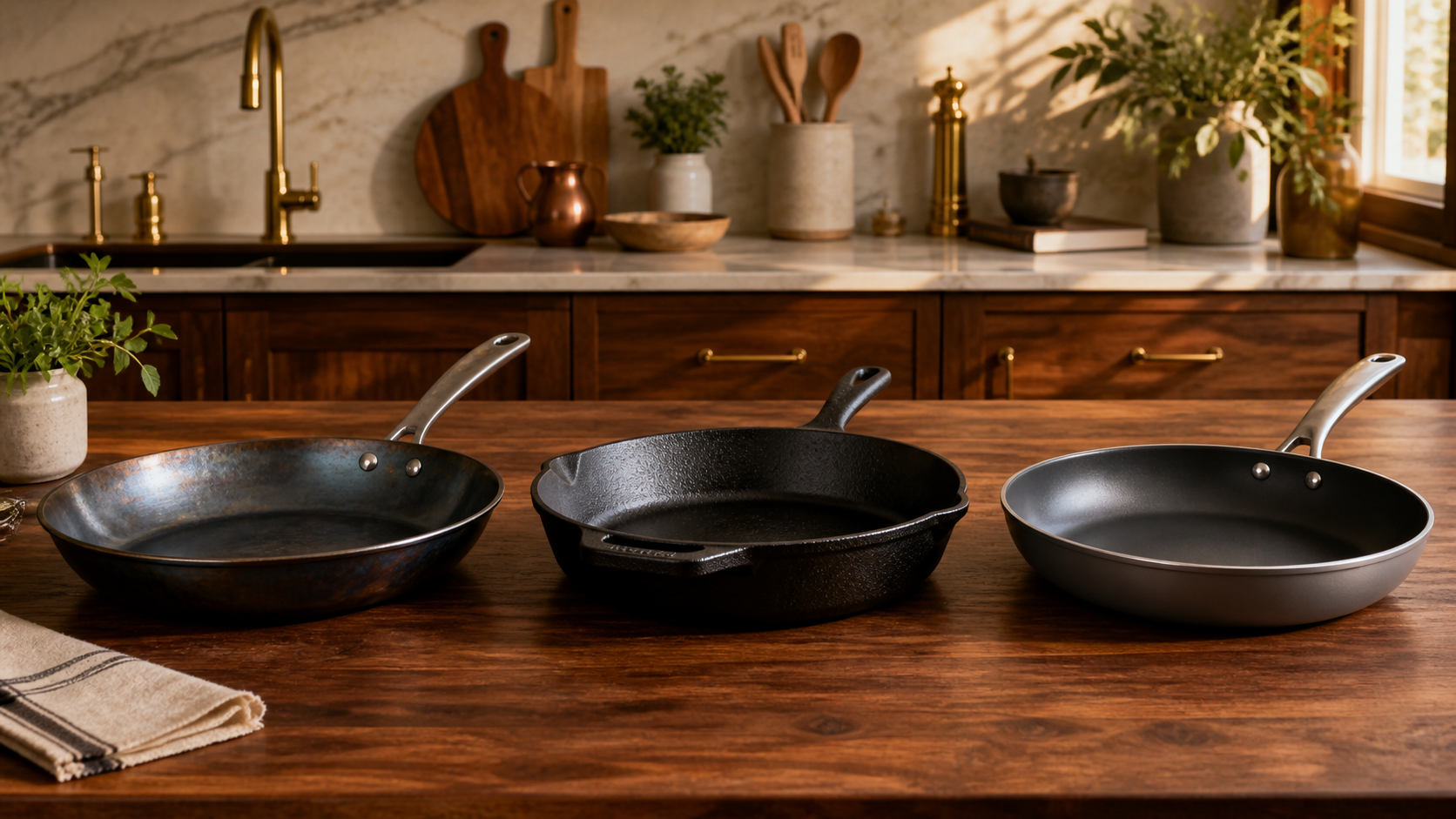A seasoned carbon steel skillet, a bare cast iron pan, and a coated nonstick pan side by side on a warm wood counter.