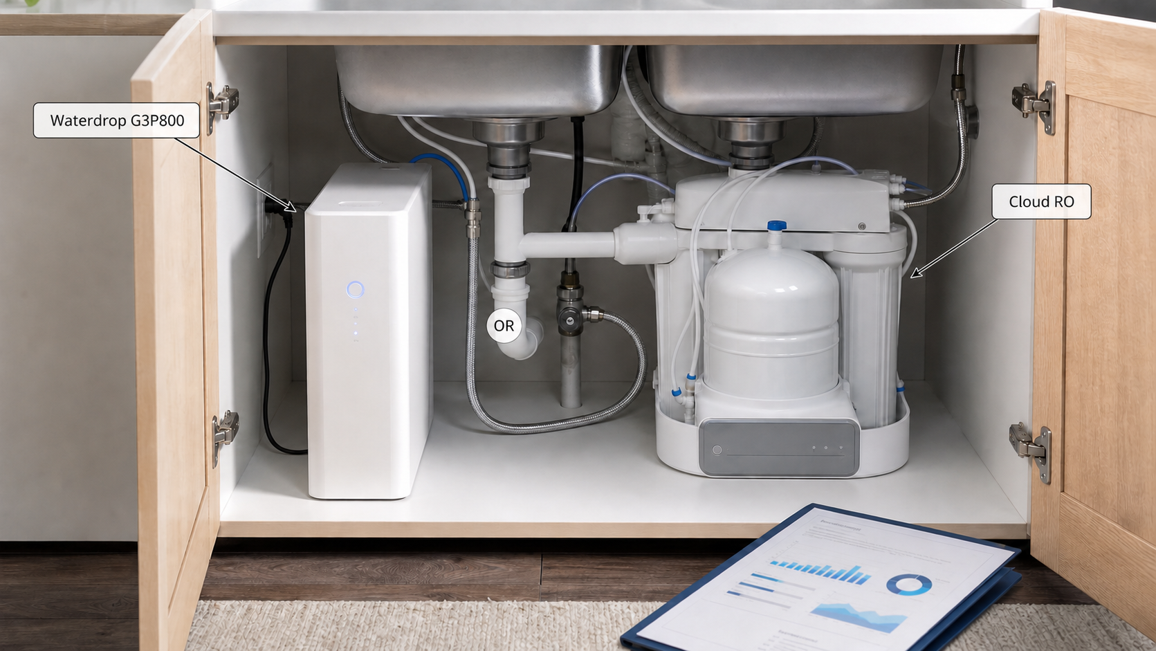 A tankless Waterdrop RO unit and a smart tank-based Cloud RO unit side by side under a kitchen sink.