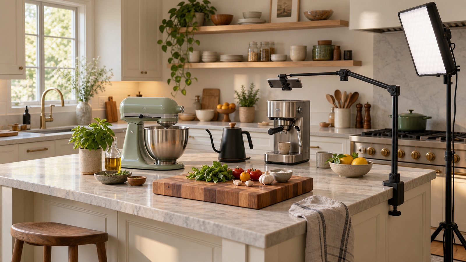 A sage stand mixer and wood cutting board on a warm kitchen counter, styled for filming.