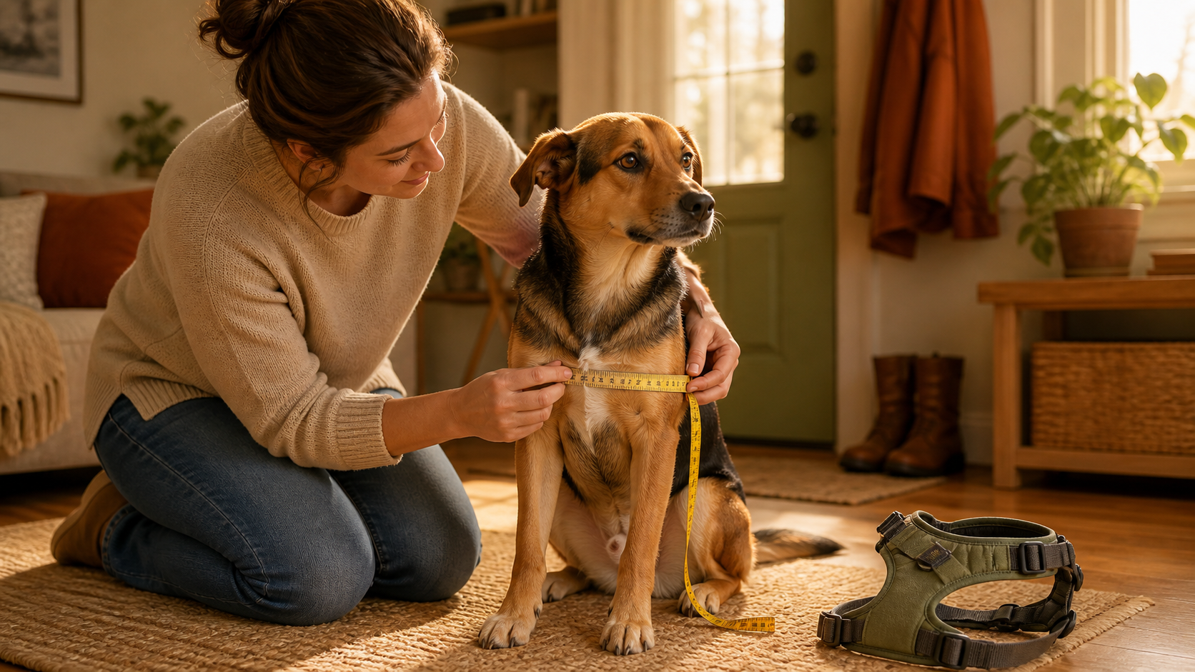 A person measures a calm dog around the rib cage beside an adjustable harness in a warm home entryway.
