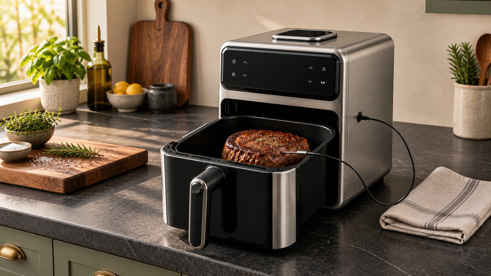 A stainless countertop combi fryer on a dark stone counter, a temperature probe inserted into a thick steak in the open basket, two glasses of red wine beside it.