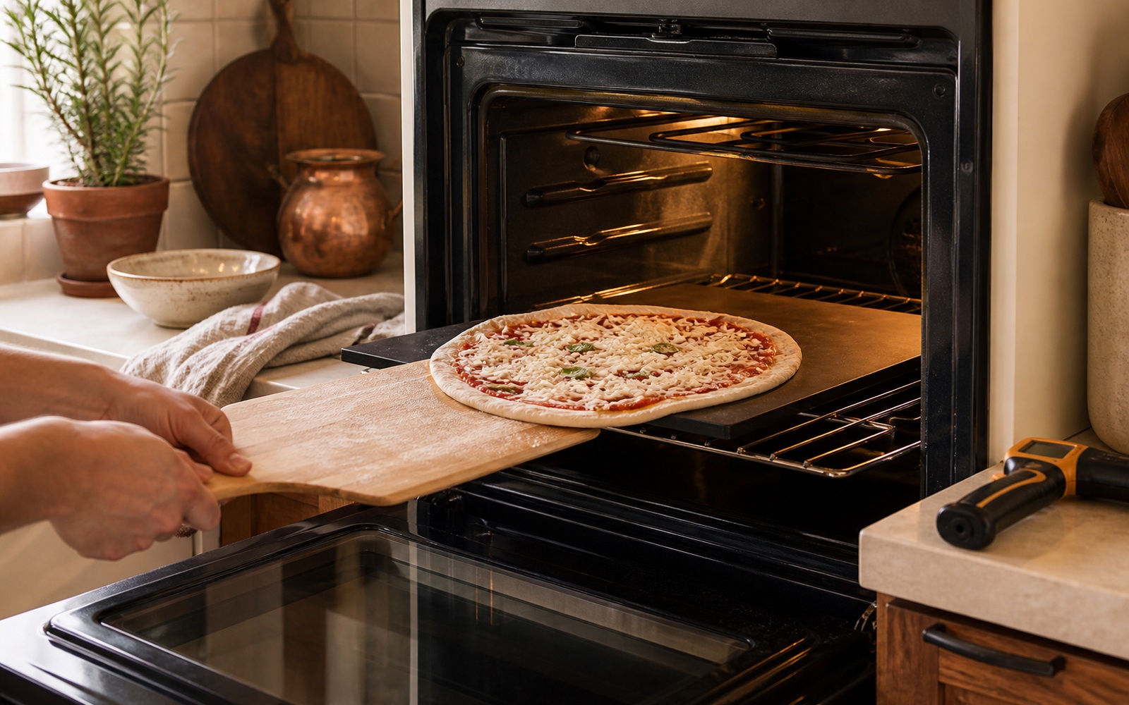 A round pizza being launched from a wooden peel onto a dark pizza steel on the upper-middle rack of a warm home oven.