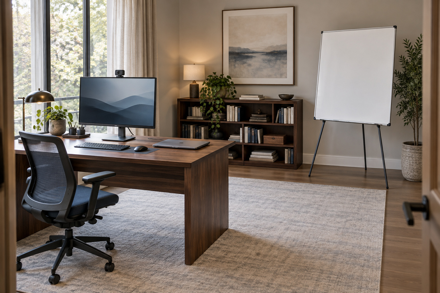 A camera on a small tripod and a key light arranged at a home-office desk.