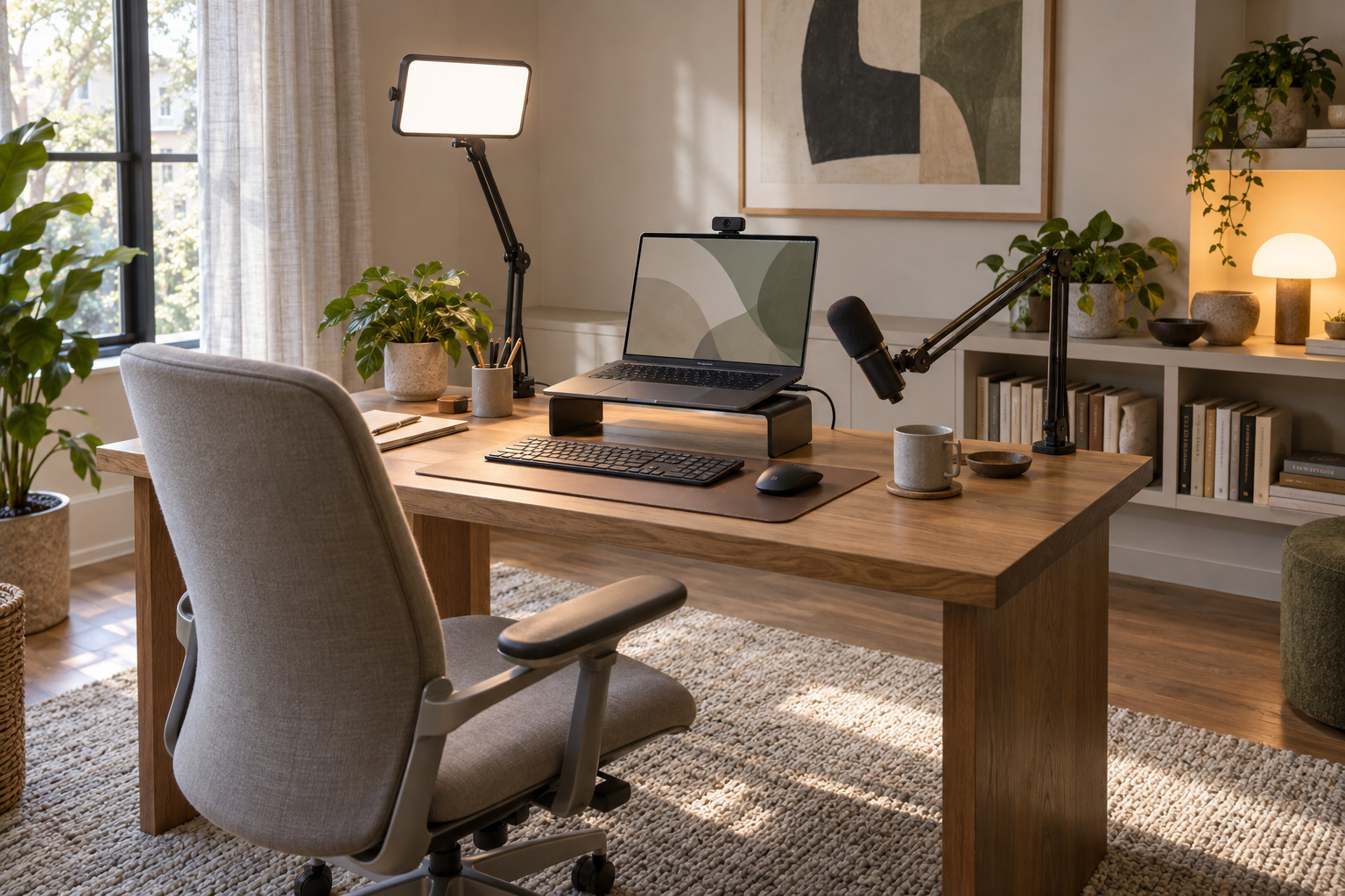 A tidy home-office desk set up for video calls with a key light and camera on a tripod.