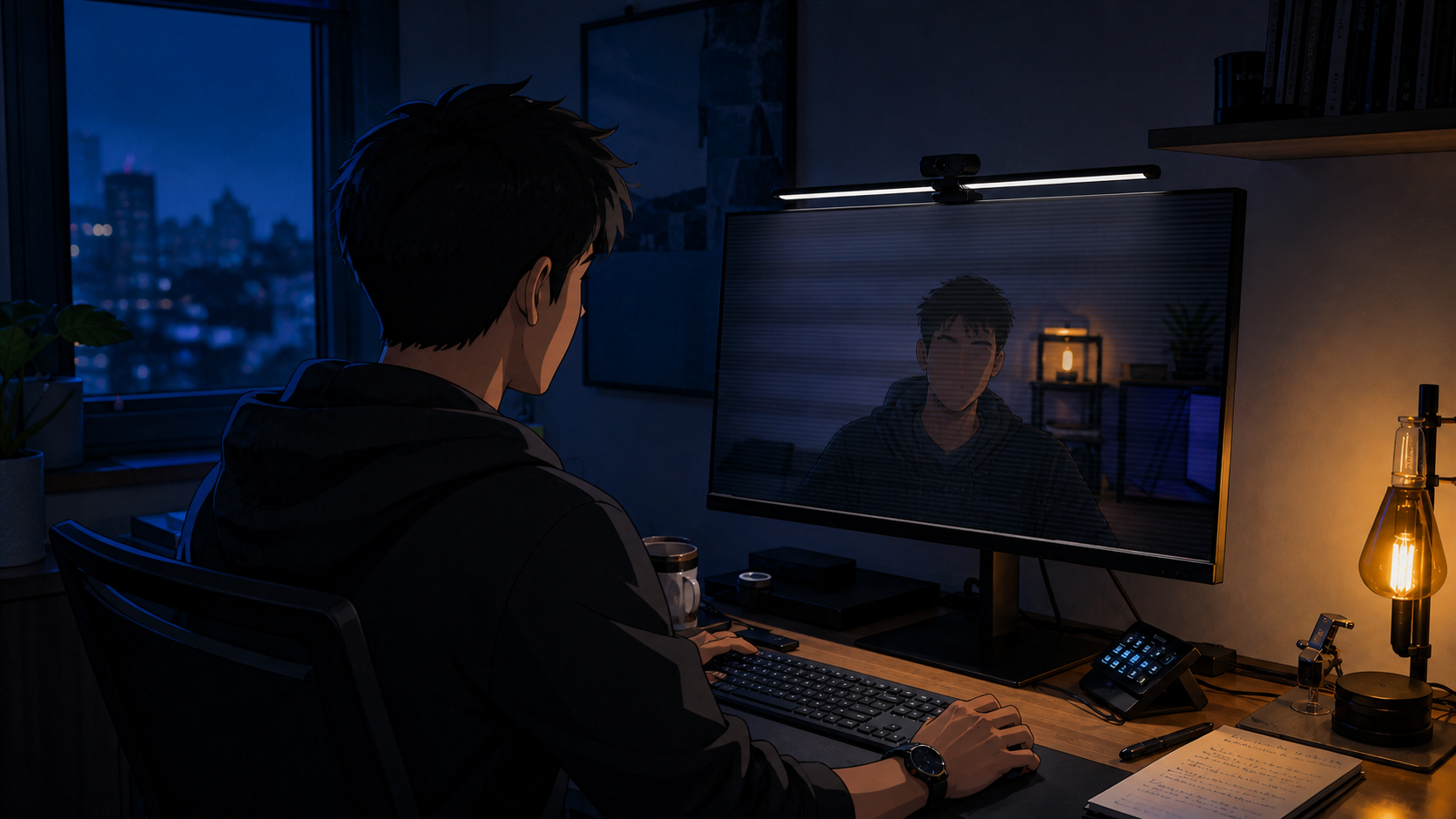 A home-office monitor with soft rear light, a task lamp over the keyboard, and a webcam above the screen.