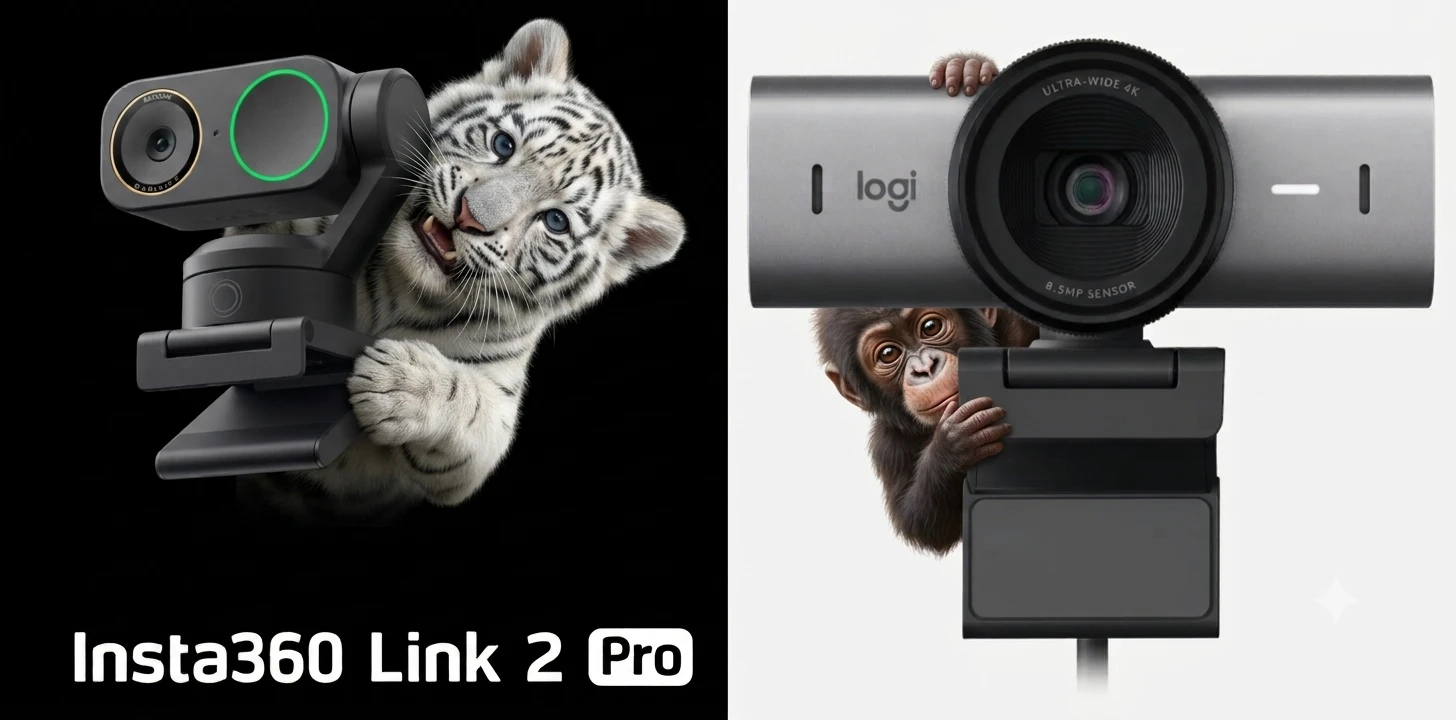 The Insta360 Link 2 Pro and Logitech MX Brio 705 side by side, with a tiger cub gripping one and a chimpanzee peering around the other.