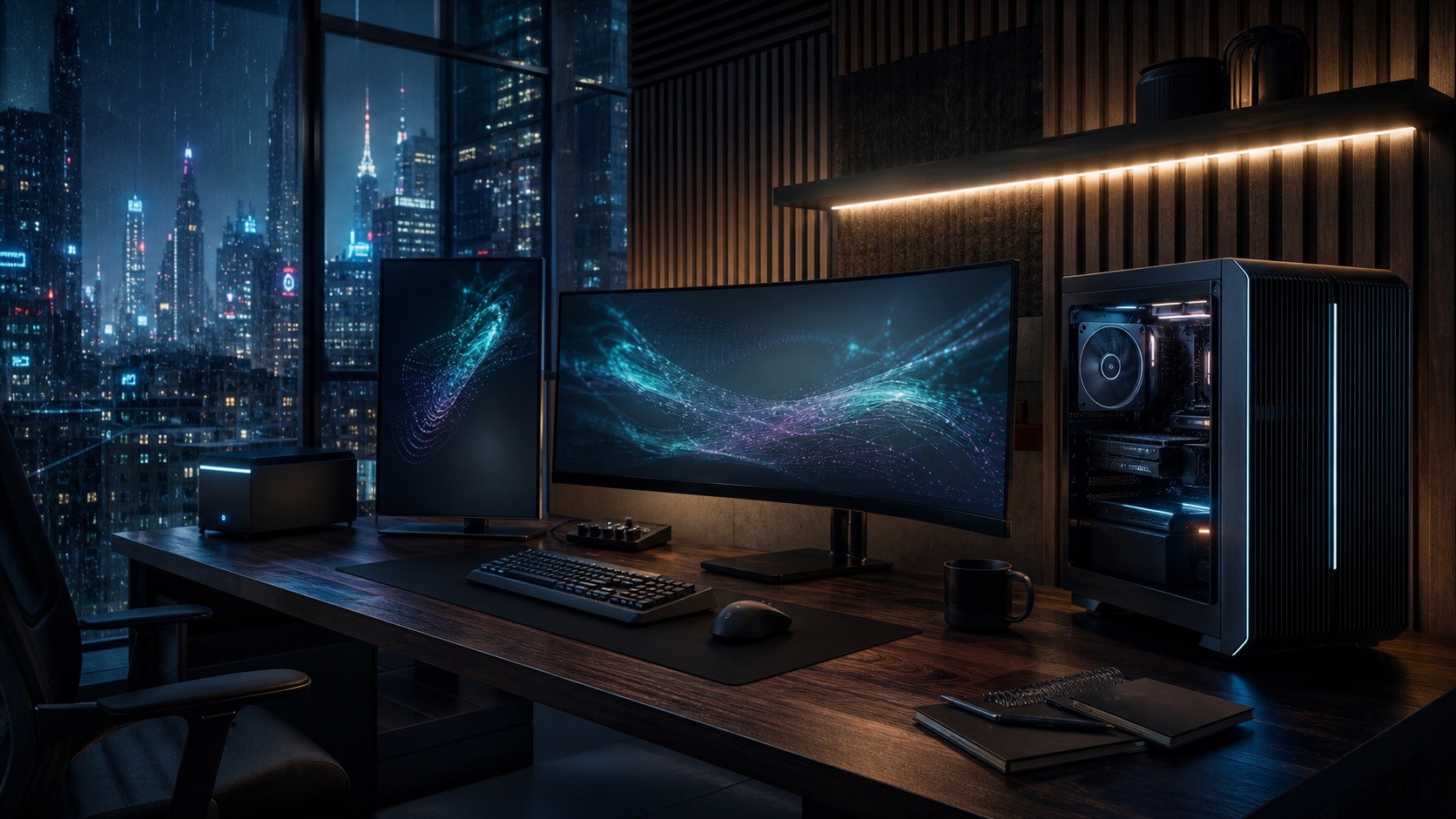 A compact 128GB unified-memory local LLM workstation beside a larger expandable tower in a home office.