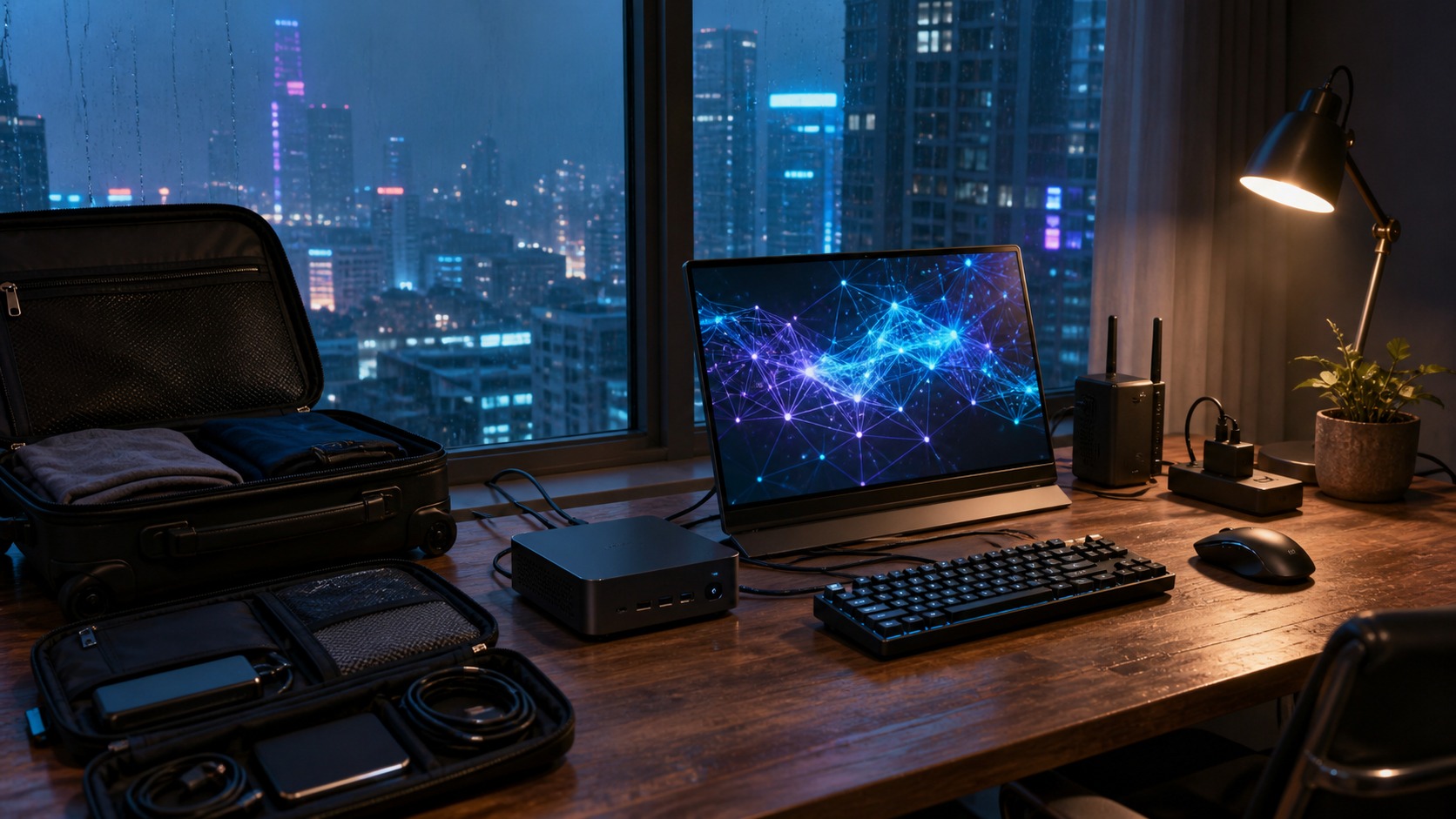A mini PC, portable monitor, compact keyboard, travel router, and SSD arranged for packing.