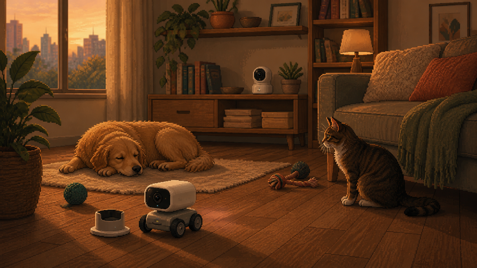 A small wheeled pet companion robot on a living room floor beside a pan and tilt pet camera on a shelf.