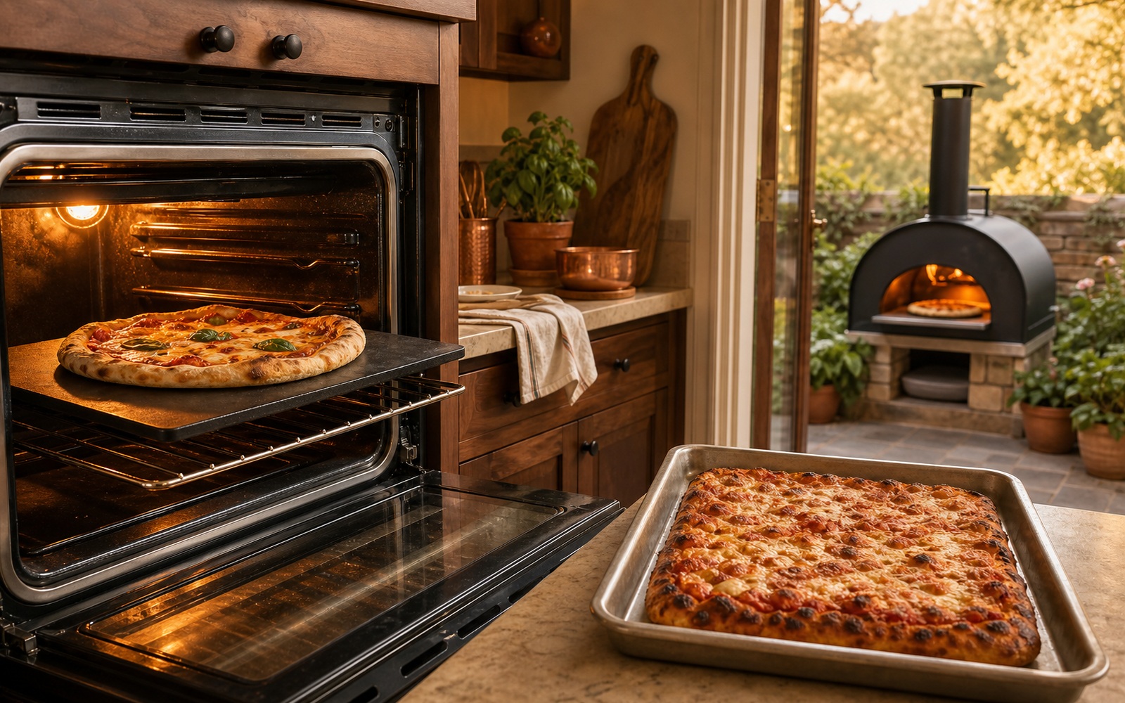 A pizza steel on an oven rack beside a bare sheet pan and an outdoor pizza oven, the three ways to bake a pie at home.