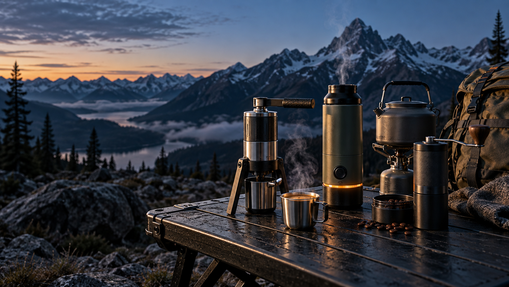 A manual portable espresso maker, self-heating brewer, kettle, grinder, and steaming cup on a rugged table above an alpine valley at dawn.