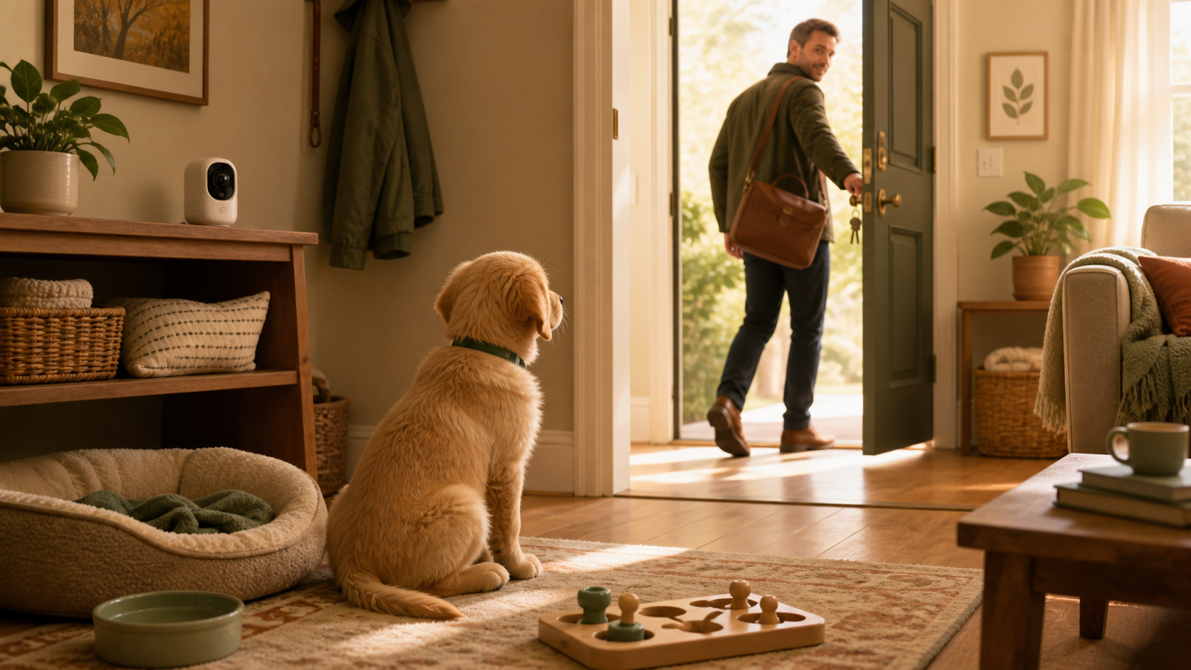 A calm puppy watches its owner leave for work from a warm living room with a bed, water bowl, food puzzle, and pet camera.