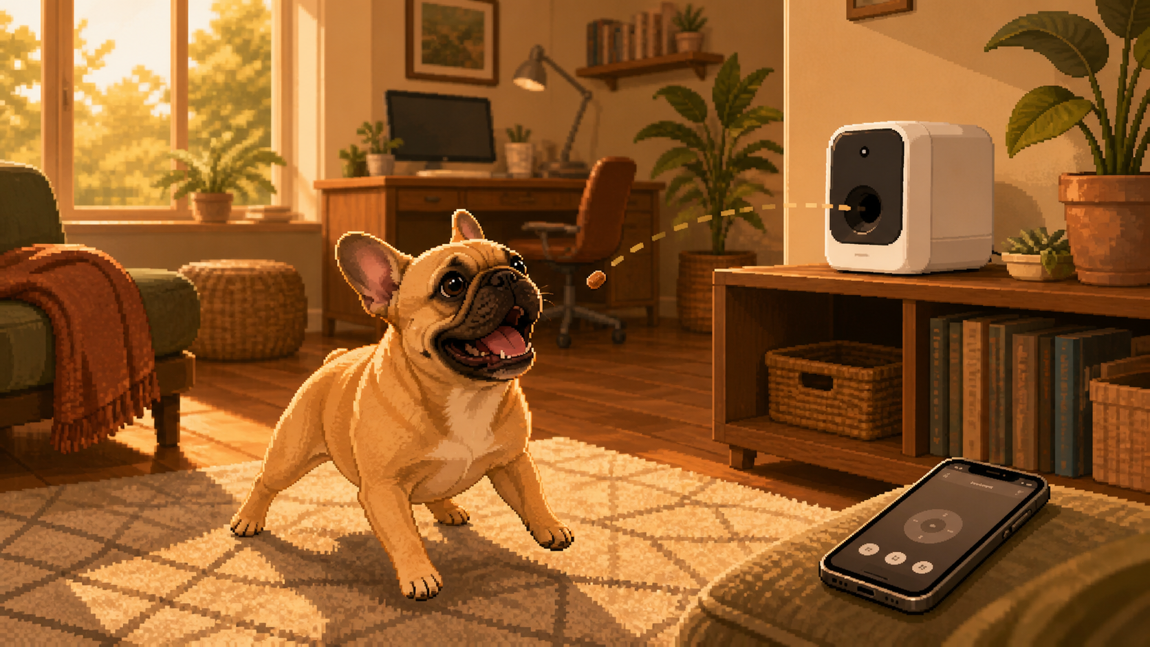 A fawn French bulldog catches a treat launched from a remote dispenser in a warm home office.