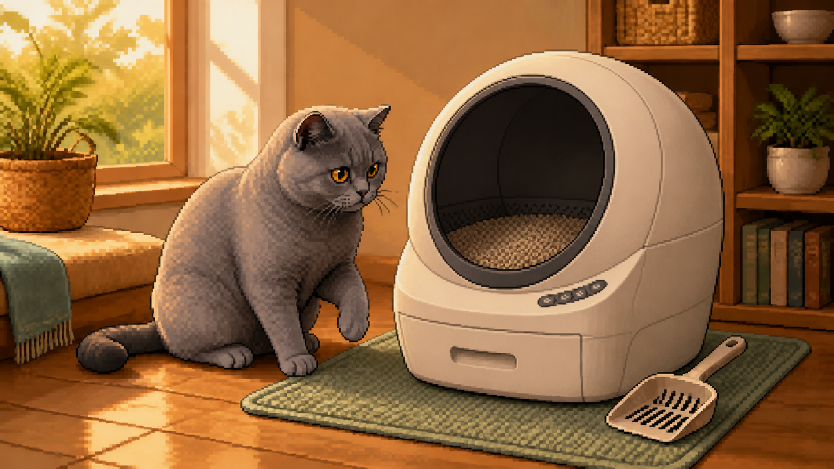 A gray shorthaired cat inspects a white Litter-Robot 4 self-cleaning litter box in a warm living room.