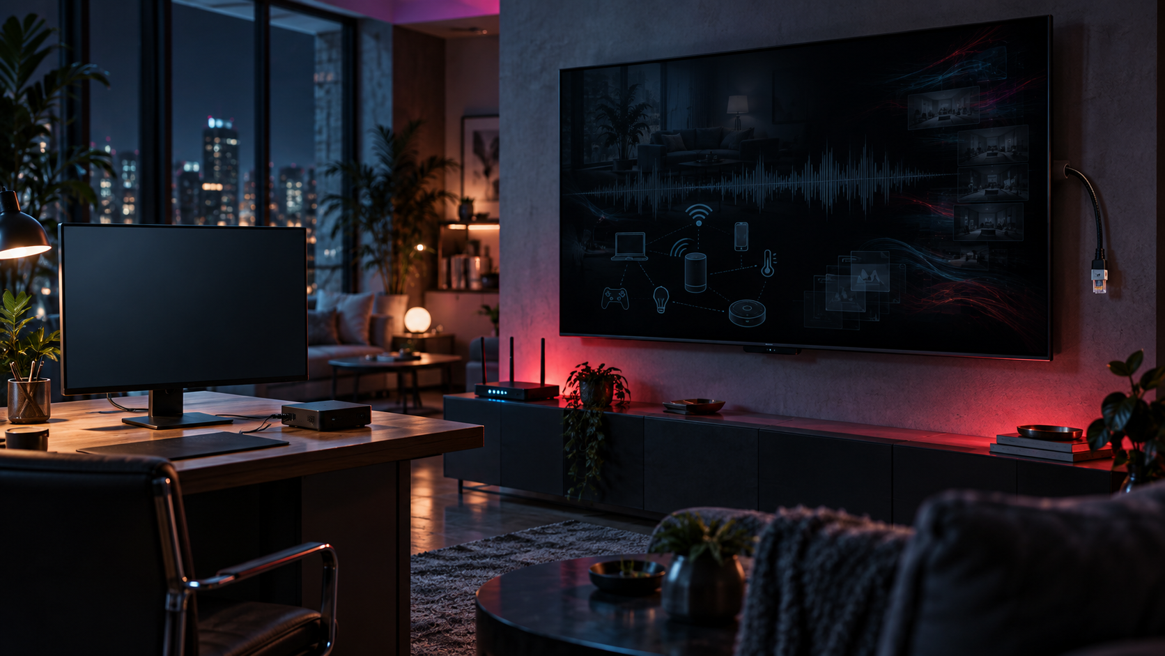 A dark smart TV showing ghostly audio and network traces beside a quiet computer display in a cyberpunk-lit home office.