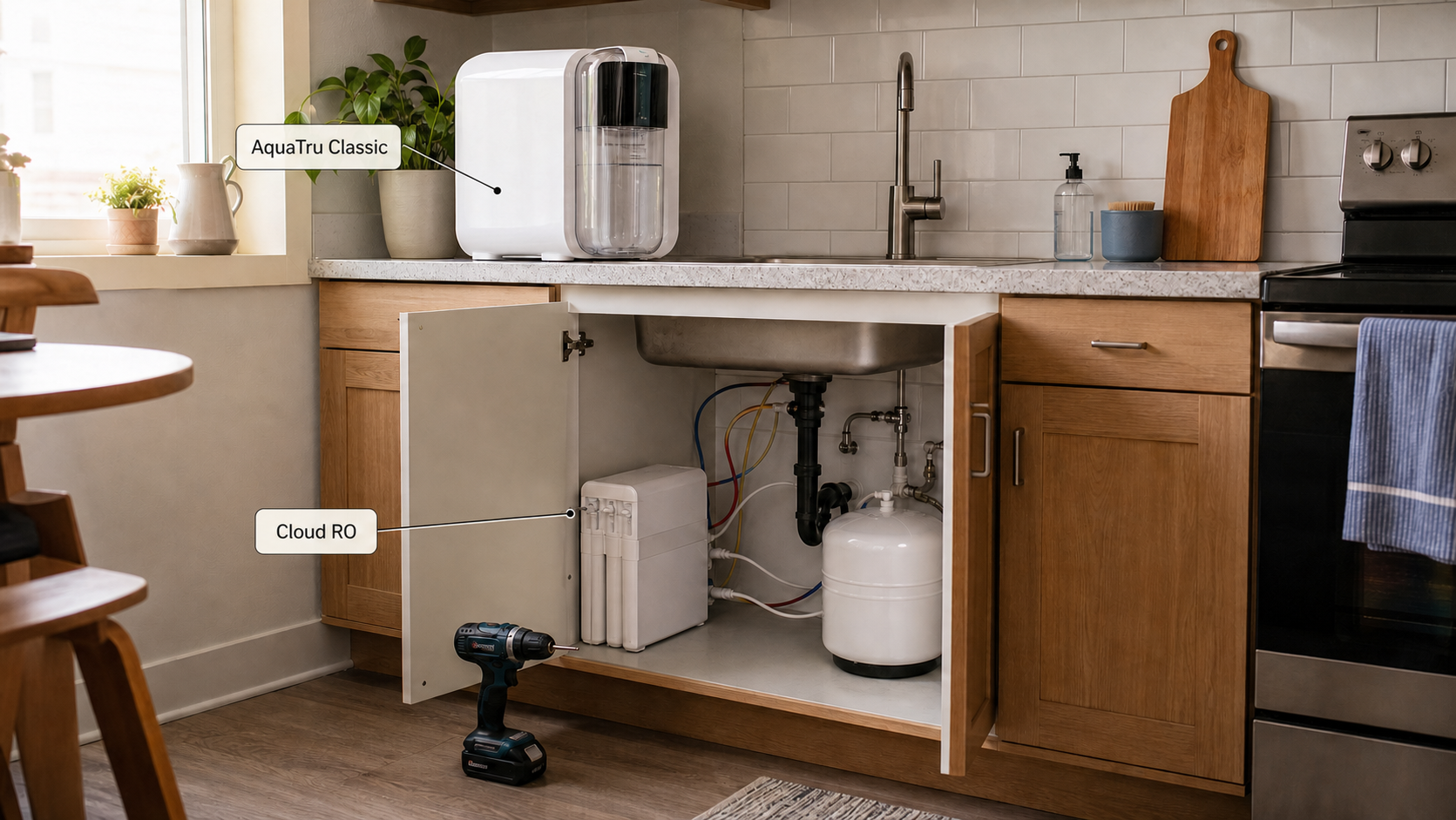 A small under-sink water filter tucked into a rental kitchen cabinet beside the plumbing, with a countertop RO unit on the counter above.