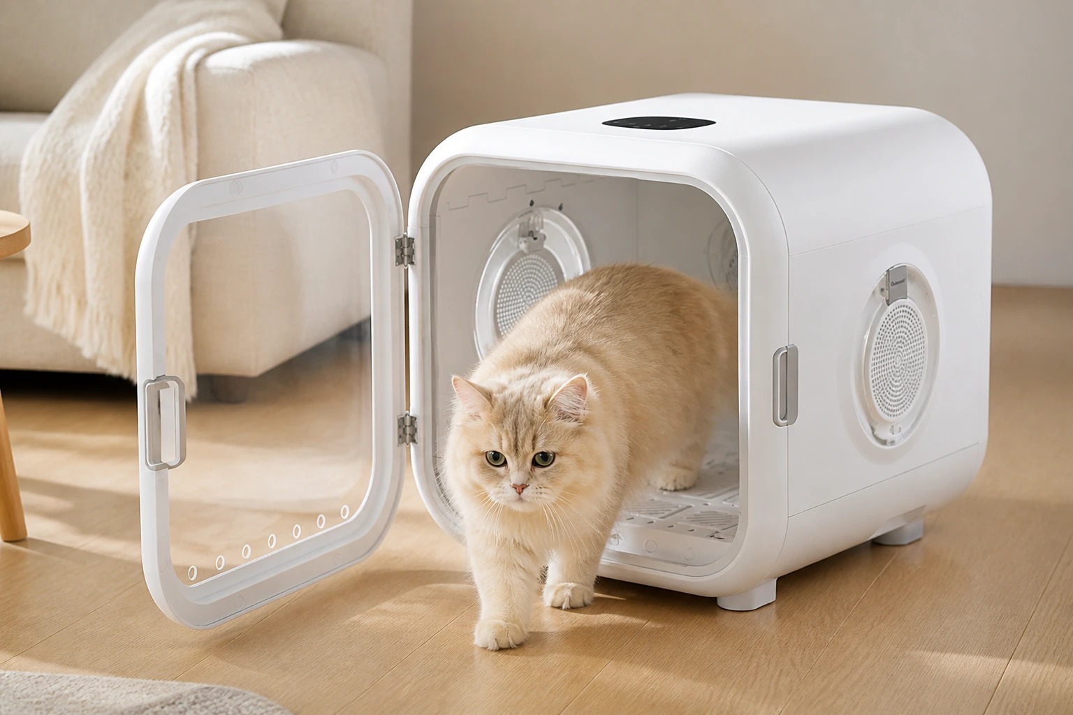 A cream long-haired cat stepping out of an open white HomeRunPet Drybo Plus pet dryer in a quiet living room.