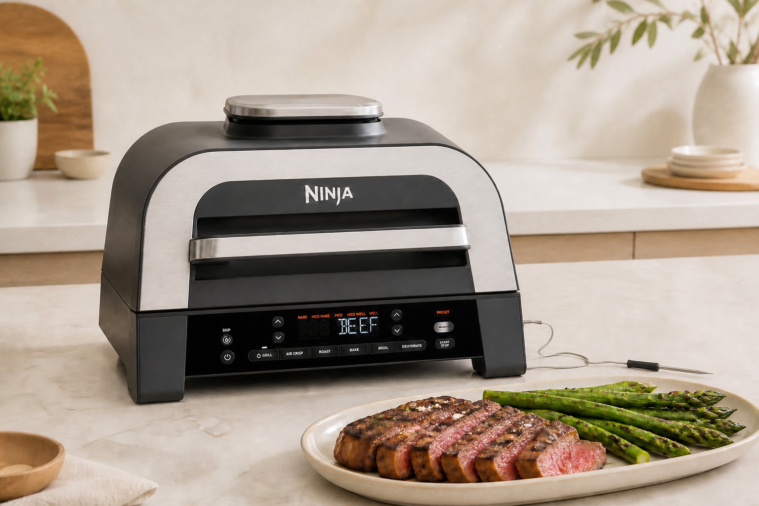 Ninja Foodi Smart XL DG551 indoor grill beside sliced steak and asparagus on a plate, on a kitchen counter.