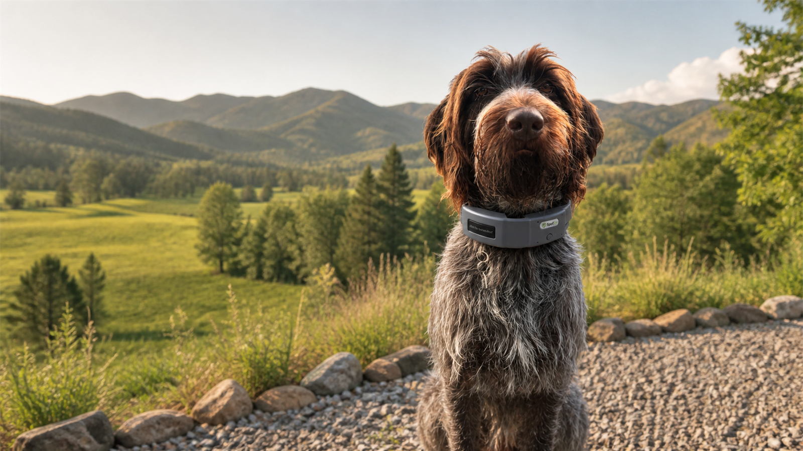 Winston, a short-haired Wirehaired Pointing Griffon, wearing his SpotOn Omni GPS dog fence collar outside a rural yard.